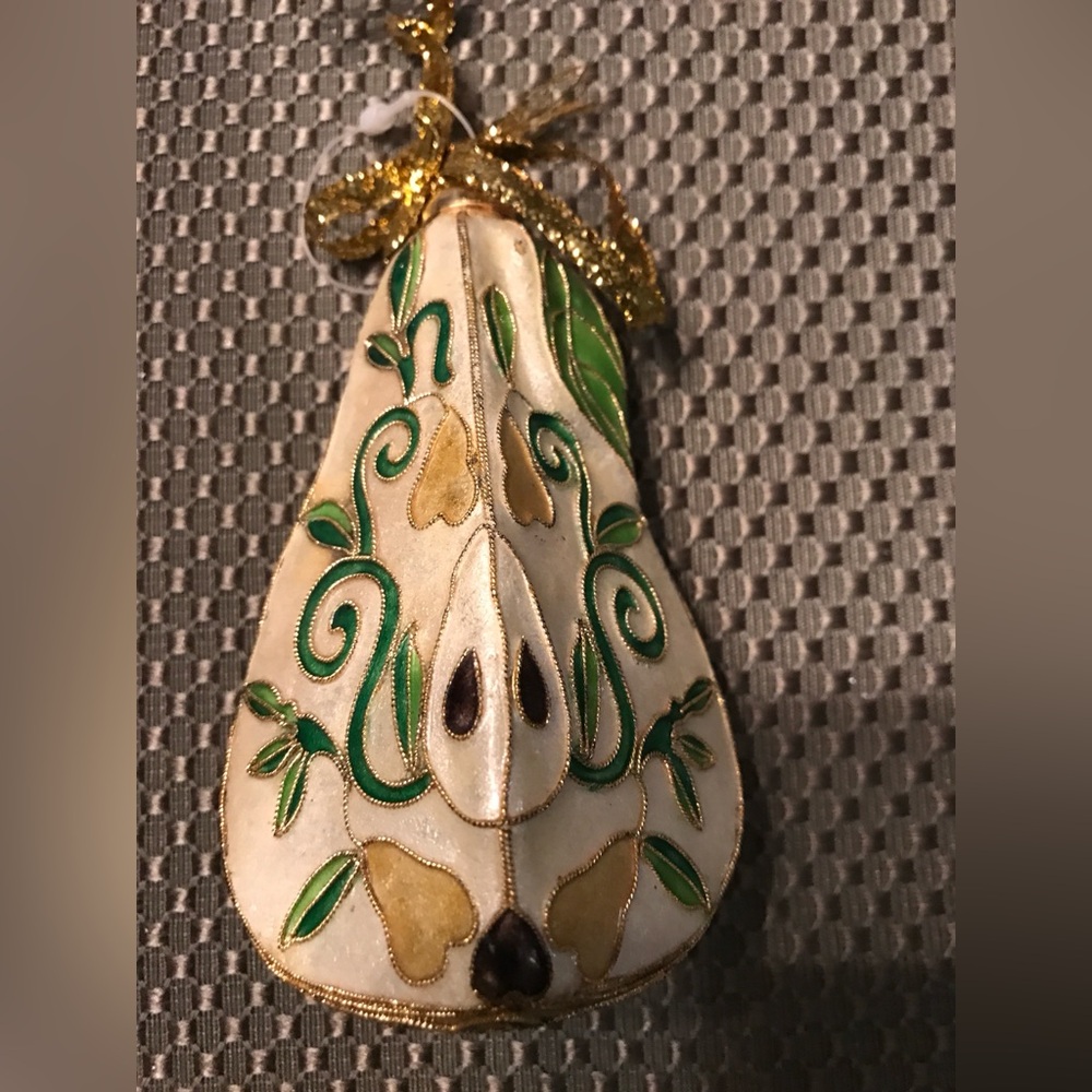Original Vintage Cloisonne Elegant Green and Gold Decorative pear Ornament 2000